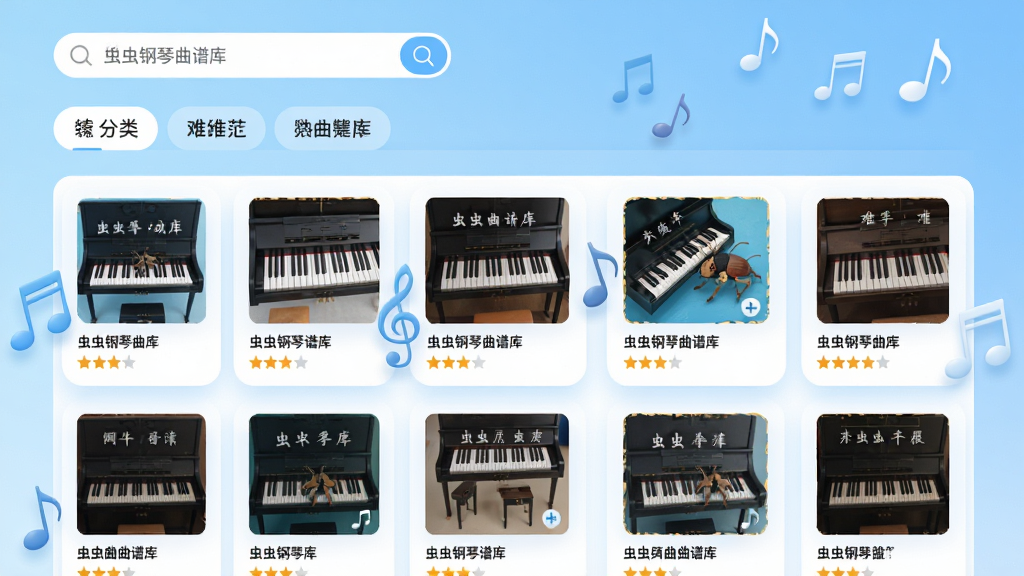 虫虫钢琴曲谱库界面,画面上半部分为搜索栏与分类标签,下半部分以网格形式排列多张曲谱封面卡片,每张卡片标注曲名与难度星级,背景为淡蓝色渐变,整体采用清新简约的UI设计风格,主色调为白色与天蓝色,细节包含音符飘浮动画效果,画质清晰锐利,无杂乱元素