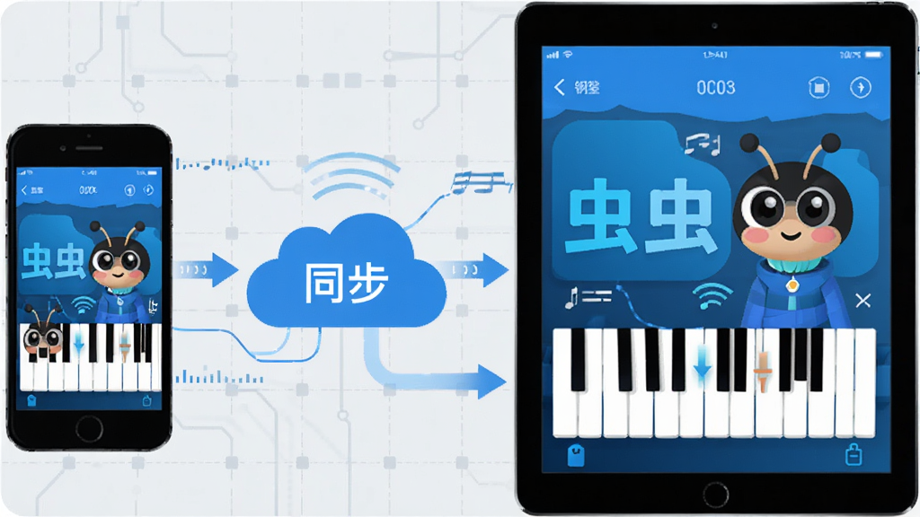 虫虫钢琴多端同步功能示意图,画面左侧为手机,右侧为平板电脑,两者屏幕均显示虫虫钢琴界面并通过云朵图标连接,云朵中标注“同步”字样,背景为浅灰色科技感网格,整体采用扁平化矢量风格,色彩以蓝色与白色为主,细节包含同步箭头与数据流动线条,画质清晰,无杂乱元素