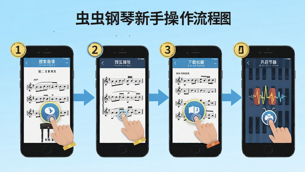 虫虫钢琴新手操作流程图,画面以手机屏幕为载体,分步骤展示搜索曲谱、预览乐谱、下载收藏、开启节拍器四个操作界面,每个步骤用数字序号与箭头串联,背景为浅蓝色渐变,整体采用扁平化教程风格,色彩明快,细节包含手指点击图标与高亮提示框,画质清晰,无多余元素