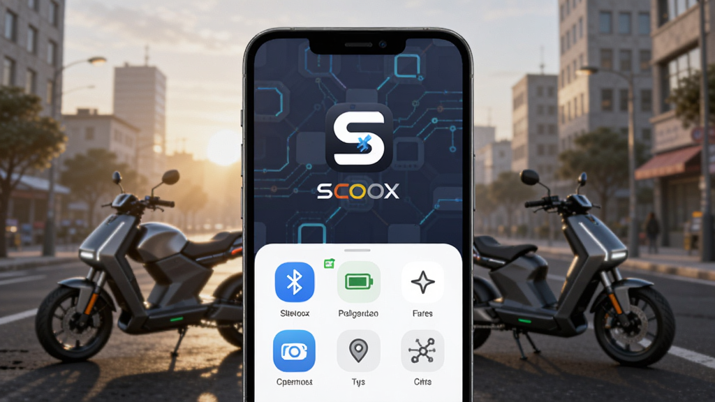 主体是一部智能手机屏幕显示SCOOX应用界面,背景为城市清晨街道与一辆科技感电动摩托车,布局采用中心对称构图,上方为应用图标与名称
