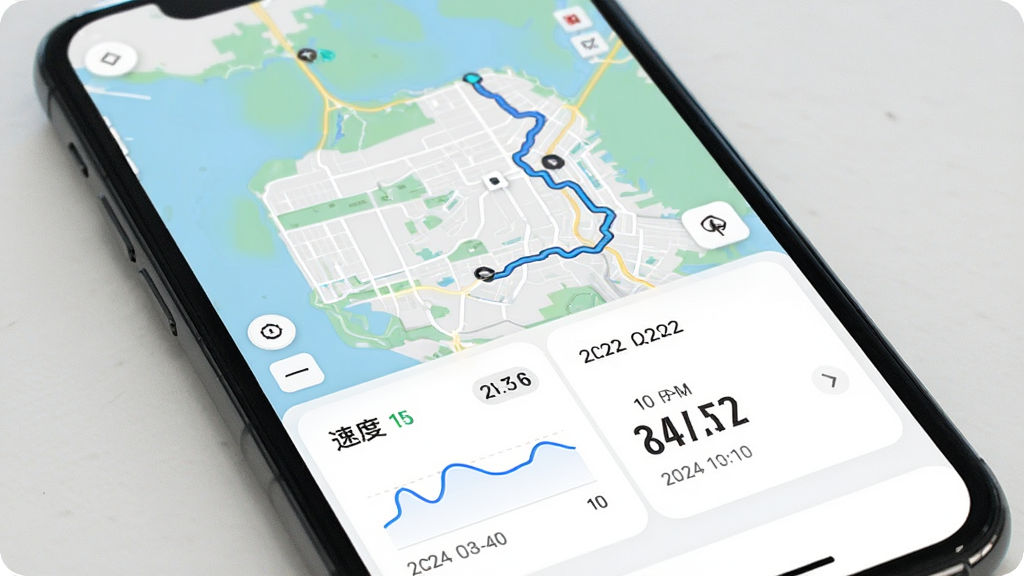 主体是手机屏幕展示骑行轨迹地图与数据图表,布局为上下结构,上方为地图路线,下方为速度与里程统计卡片,风格为简约数据可视化,细节包括曲线图、数字指标、日期标签,画质高清干净无多余元素