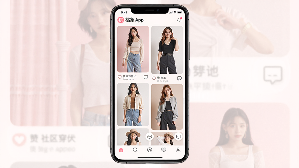 桃象App主界面展示,画面中央是一部智能手机,屏幕上显示桃象社区穿搭瀑布流,多位年轻女性展示不同风格日常穿搭,背景为柔和的粉白色调,布局简洁清晰,风格清新时尚,细节包括点赞评论图标、底部导航栏,画质高清,干净,无多余元素