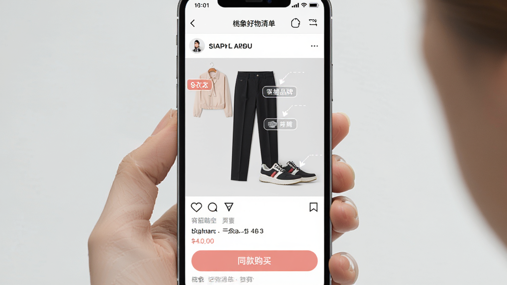 桃象好物清单功能界面,手机屏幕展示穿搭帖子详情页,图片中标注了上衣、裤子、鞋子的品牌标签,下方有