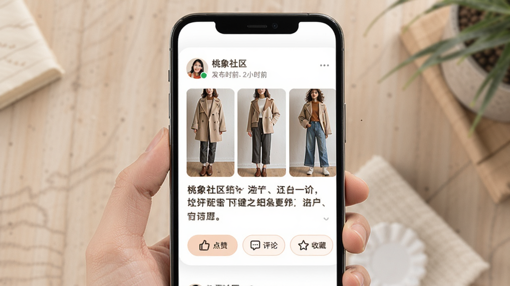 桃象社区互动页面,手机屏幕显示用户发布的穿搭帖子,包含三张穿搭照片和文字描述,下方有点赞、评论、收藏按钮,背景为白色卡片式布局,风格简约温暖,细节包括用户头像、昵称、发布时间,画质高清,干净,无多余元素