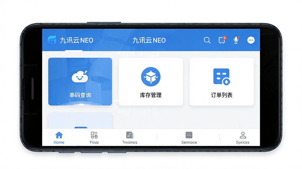 九讯云NEO软件主界面展示图,主体为一部安卓手机屏幕,屏幕内显示九讯云NEO应用首页,布局包含顶部导航栏、中部功能模块入口如串码查询、库存管理、订单列表等,排版清晰整齐,风格为现代扁平化UI设计,细节包括蓝色主色调图标、白色背景卡片、底部标签栏,画质高清,画面干净,无多余元素