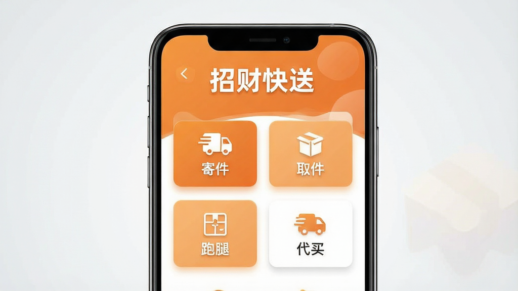 一张展示手机屏幕的图片,画面中央是“招财快送”应用主界面,顶部有醒目的软件名称“招财快送”,下方排列着寄件、取件、跑腿、代买四个功能入口,界面采用暖橙色与白色搭配,布局简洁清晰,背景为干净的浅灰渐变,风格现代扁平化,细节上按钮带有轻微投影,画质高清,整体干净无多余元素