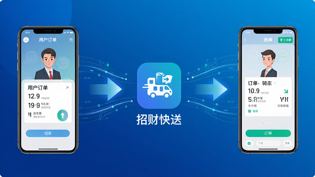 一张展示智能派单流程的示意图,画面左侧是用户手机发出订单,中间是“招财快送”系统图标,右侧是骑手手机接收订单,三者之间用发光箭头连接,背景为科技蓝渐变,风格简洁商务,细节上带有数据流动线条,画质清晰,干净无多余元素