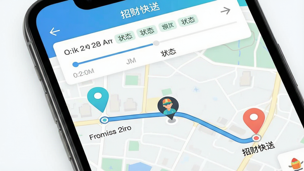 一张展示订单实时轨迹界面的图片,手机屏幕中显示地图路线,起点和终点用彩色标记,配送人员图标沿路线移动,屏幕上方显示“招财快送”订单状态栏,背景为浅色地图,风格清爽直观,细节上带有时间轴和状态标签,画质高清,干净无多余元素
