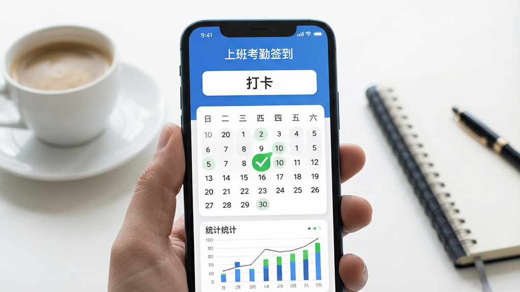 一张展示智能手机屏幕的清晰图片,屏幕中央显示“上班考勤签到”应用的主界面,界面顶部有醒目的打卡按钮,中间是日历视图标记了绿色对勾,底部有统计图表。背景为简洁的办公桌面,有一杯咖啡和笔记本。整体风格现代商务、干净明亮,画质高清,无多余元素。