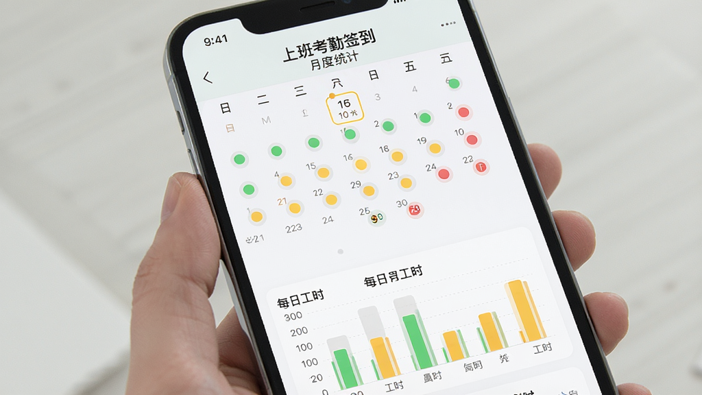 一张手机屏幕截图风格的图片,展示“上班考勤签到”的月度统计页面,日历上用绿色、黄色、红色圆点标记不同考勤状态,下方有柱状图显示每日工时。整体布局清晰,配色柔和,画质高清,文字内容模拟真实数据但不可读,画面干净整洁。