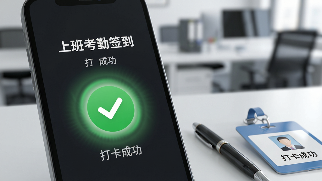 一部手机特写,屏幕上显示“上班考勤签到”的打卡成功动画,绿色圆形按钮中央有一个白色对勾,周围有光晕效果。手机旁放着一支笔和工牌,背景虚化为办公室环境。风格简洁明快,画质细腻,文字清晰可见“打卡成功”字样,画面干净无杂物。