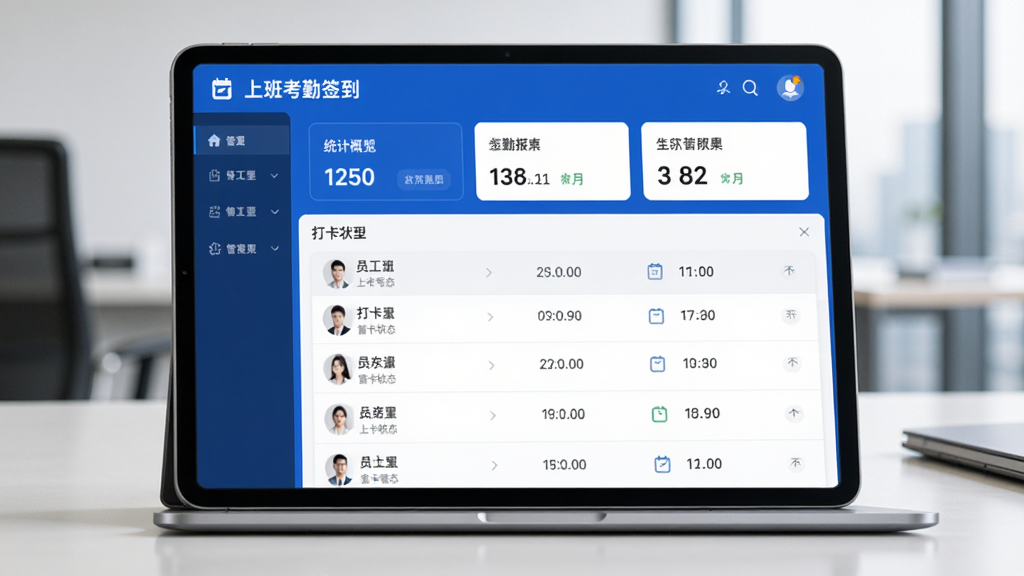 一台平板电脑或笔记本电脑屏幕显示“上班考勤签到”团队管理后台,列表展示多名员工的打卡状态与时间,顶部有统计概览卡片。画面风格商务专业,配色以蓝白为主,画质高清,文字模拟真实界面但不可读,整体干净利落。