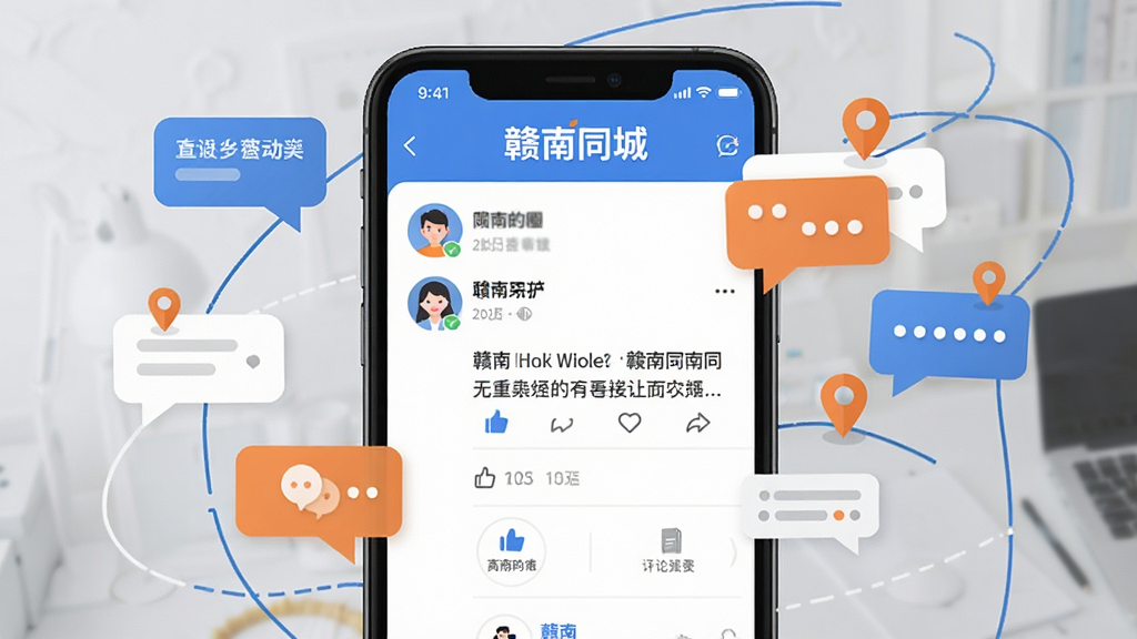 画面展示一个手机界面,屏幕中呈现赣南同城同城圈子页面,包含用户头像、动态文字和点赞评论图标。界面周围漂浮着对话气泡和定位图标,象征互动与同城连接。风格为现代扁平化设计,主色调用蓝色和白色,点缀橙色高亮。画面中需出现“赣南同城”文字标识,画质干净清晰,排版整齐,无多余装饰。
