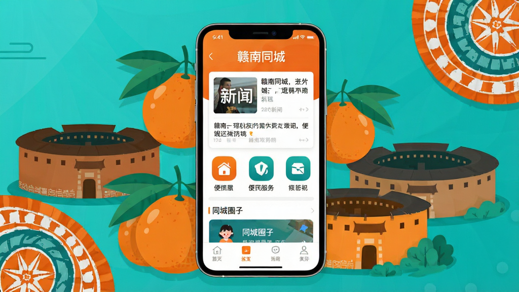 画面中央放置一部智能手机,手机屏幕显示赣南同城应用主界面,界面包含新闻资讯卡片、便民服务图标和同城圈子入口。手机周围环绕赣南特色元素,如脐橙、围屋剪影和客家纹饰。整体采用扁平化插画风格,色调以橙色和青绿色为主,干净明亮。画面中文字需清晰显示“赣南同城”四个字。画质高清,细节丰富,无多余杂物。