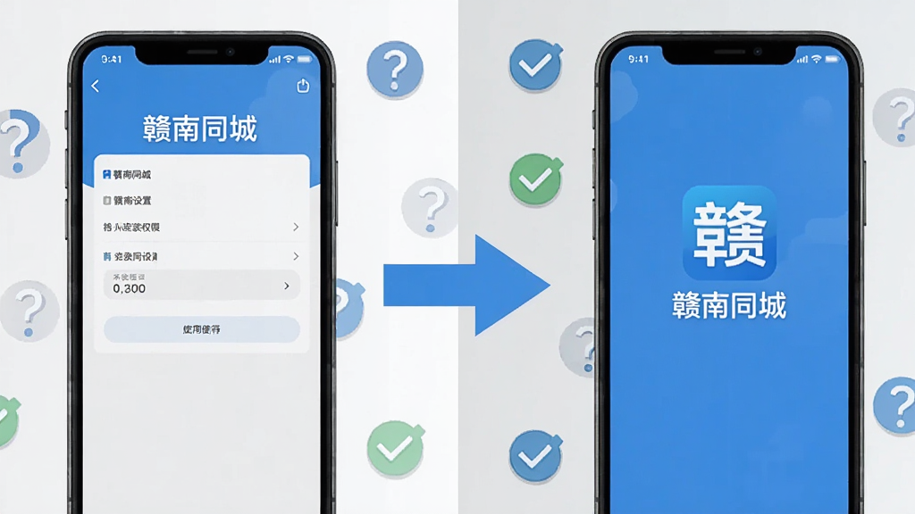 画面分为左右两部分,左侧为手机屏幕显示赣南同城安装权限设置界面,右侧为手机屏幕显示应用正常运行界面。中间用箭头连接,象征从安装到使用的过程。背景为浅灰色,点缀问号与对勾图标。风格简洁明快,色调以蓝白灰为主。画面中需出现“赣南同城”文字,画质清晰,无多余元素。