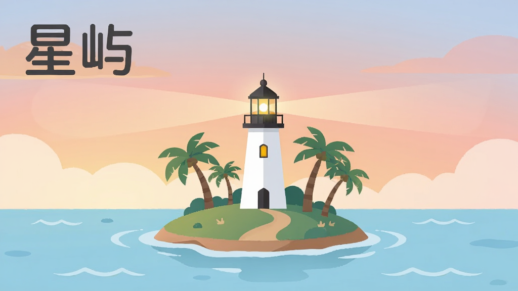 画面中央是一座漂浮在浅蓝色海面上的小岛,岛上有一座白色灯塔和几棵棕榈树,天空是柔和的晚霞色,整体采用扁平插画风格,布局上岛屿占画面中心偏下位置,上方留出天空区域,排版简洁,细节包括海面波纹、灯塔窗户透出的暖光、岛上小径,画质清晰干净,无多余元素,图片中打文字“星屿”放在左上角,字体为圆润无衬线体