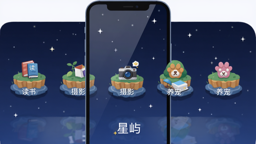 画面展示一个手机屏幕界面,屏幕中是一排排彩色的小岛图标,每个小岛上标注着不同兴趣标签如“读书”“摄影”“养宠”,背景是深蓝色夜空和星星,风格为扁平化UI插画,布局上手机居中,周围有细小星光点缀,细节包括图标阴影和屏幕反光,画质干净清晰,无多余元素,图片中打文字“星屿”放在屏幕下方