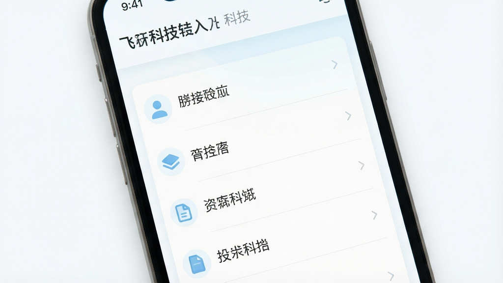 一张展示飞快科技简洁界面设计的手机样机图,屏幕中显示干净的功能列表,留白充足,字体清晰,整体风格清新浅色,白色背景配淡蓝点缀,画质干净,无多余元素