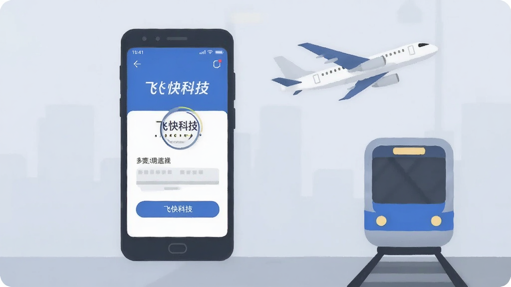 一张表现飞快科技离线可用的场景图,画面中手机显示飞快科技界面,旁边有飞机或地铁元素暗示无网络环境,风格扁平插画,蓝灰配色,画质干净,无多余元素