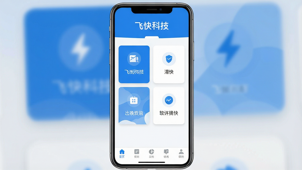一张展示飞快科技软件主界面的手机截图,画面中央是简洁的卡片式功能布局,顶部有“飞快科技”文字标识,底部导航栏清晰,整体风格清爽现代,蓝白配色,扁平化设计,画质干净清晰,无多余元素