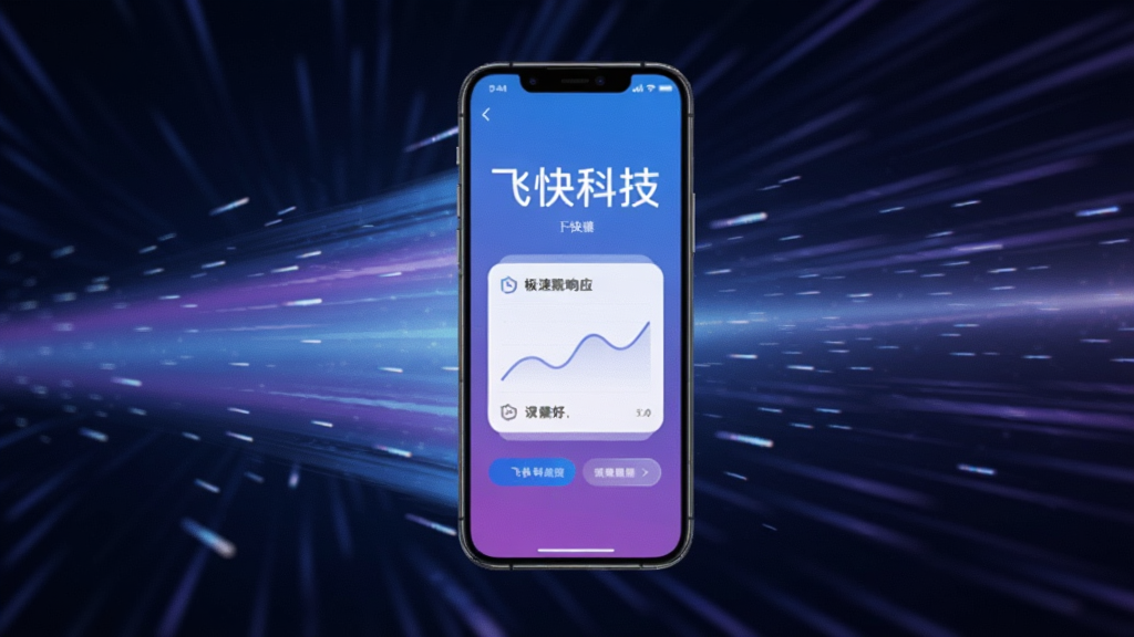 一张表现飞快科技极速响应的概念图,画面中央是手机屏幕显示飞快科技界面,周围有速度线条和光效元素,体现快速流畅的感觉,风格科技感,蓝紫渐变配色,画质清晰,无多余元素