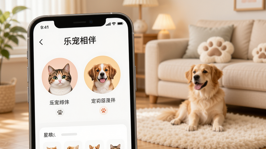 一部手机屏幕展示宠物电子档案管理界面,画面中有可爱的猫咪和狗狗头像,页面显示