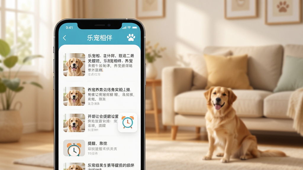 手机屏幕展示养宠知识库与提醒设置界面,画面中有文章列表和提醒闹钟图标,应用名称为