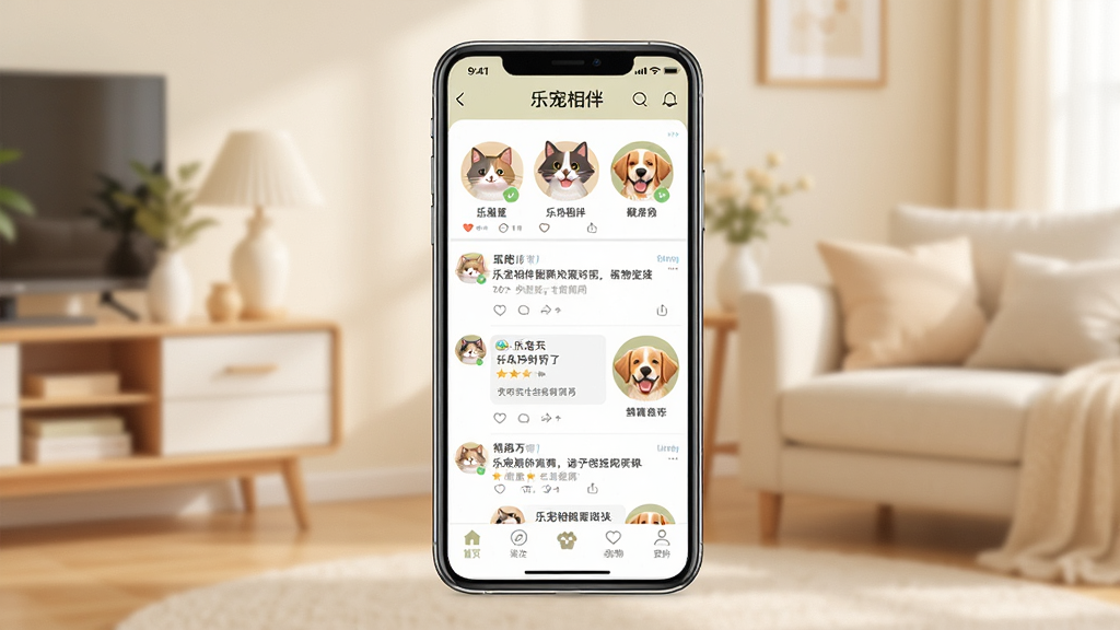 一张展示手机屏幕上宠物社交应用界面的图片,画面中央是一部竖屏智能手机,屏幕内显示