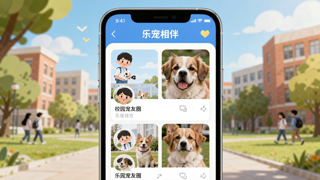 手机屏幕展示校园宠友圈社交界面,画面中有多位用户头像和宠物照片,应用名称为