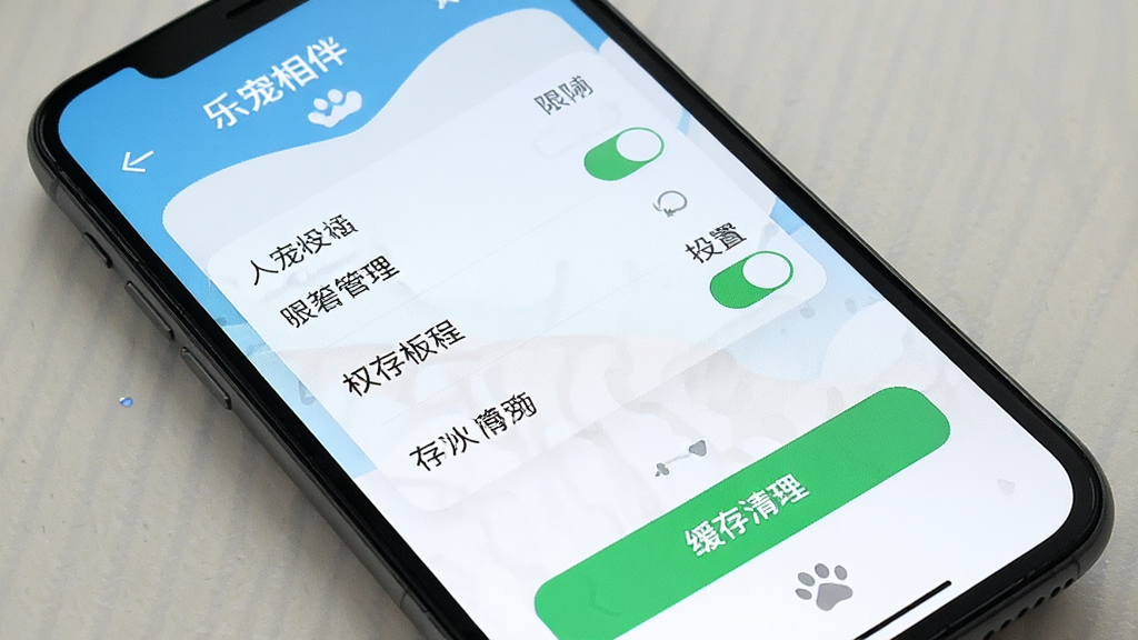 一张手机屏幕展示乐宠相伴应用设置与权限管理界面的图片,画面中有权限开关列表和缓存清理按钮,应用名称为