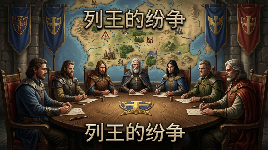 一幅展示联盟外交与团队合作的策略游戏场景图,画面中有多位领主围坐在圆桌旁商议,背景是王国地图和联盟旗帜,风格为欧美奇幻写实风,氛围庄重,细节丰富,画质高清,干净无多余元素,画面中带有文字“列王的纷争”