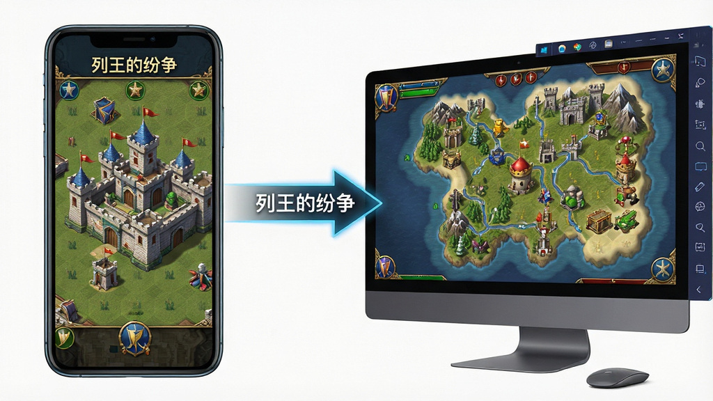 一幅展示手机与电脑同时运行策略游戏的场景图,画面左侧是手机屏幕显示城堡建设界面,右侧是电脑模拟器显示王国地图,中间有数据同步箭头,风格为科技感与奇幻结合,布局清晰,画质高清,干净无多余元素,画面中带有文字“列王的纷争”