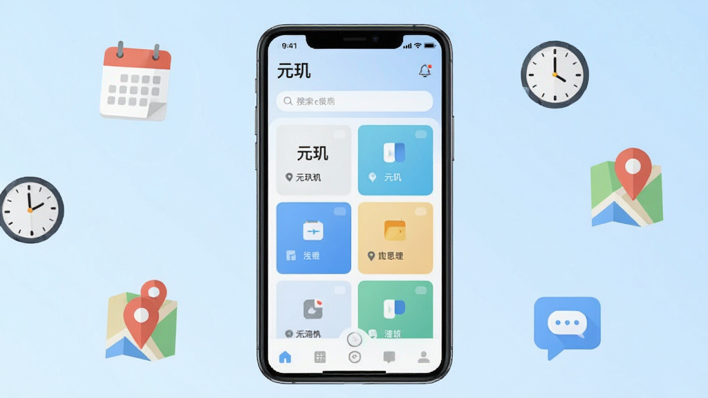 画面中央放置一部智能手机,屏幕显示“元玑”应用主界面,界面布局简洁,上方有搜索栏,中部为功能卡片网格,底部为导航栏。背景为浅蓝色渐变,周围漂浮着日历、时钟、地图定位、消息气泡等扁平化图标。整体风格清爽现代,细节清晰,画质干净,无多余元素,文字“元玑”清晰可见。