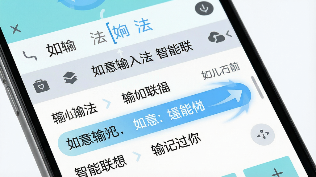 如意输入法智能联想功能展示,主体为手机屏幕特写,屏幕中显示拼音输入过程与候选词列表,布局为上下结构,上方为拼音输入区,下方为候选词区域,风格为清新浅色扁平化,细节包含高亮选中的候选词、流畅的动画轨迹、简洁的图标,画质高清干净,无多余元素,画面中文字为“如意输入法 智能联想”