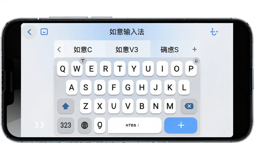如意输入法软件主界面展示,主体为一部安卓手机屏幕,屏幕中显示如意输入法的键盘布局与候选词栏,布局居中对称,排版清晰,风格为现代简约科技风,细节包含圆角按键、柔和阴影、浅色背景,画质高清干净,无多余元素,画面中文字为“如意输入法”