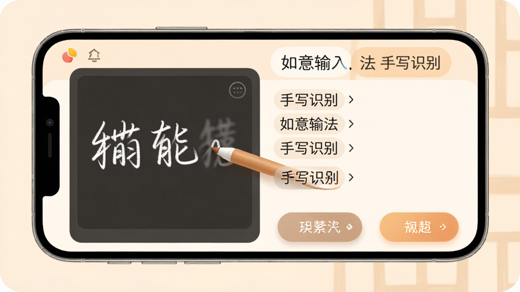 如意输入法手写输入功能展示,主体为手机屏幕,屏幕中显示手写区域与识别出的文字,布局为左侧手写板右侧候选字,风格为柔和圆角暖色调,细节包含手写笔迹、识别结果列表、功能切换按钮,画质高清干净,无多余元素,画面中文字为“如意输入法 手写识别”