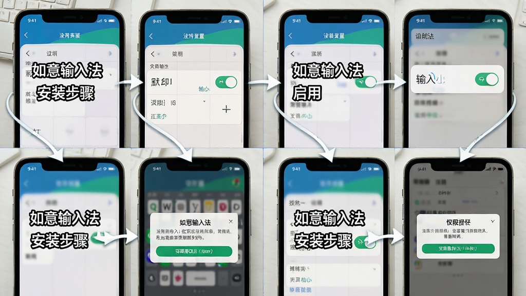 如意输入法安装设置步骤展示,主体为手机屏幕截图合集,布局为四格步骤图,排版从左到右从上到下,风格为教程指示风,细节包含设置界面、输入法启用开关、默认输入法选择、权限授予弹窗,画质高清干净,无多余元素,画面中文字为“如意输入法 安装步骤”