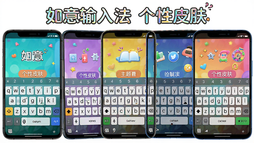 如意输入法皮肤主题展示,主体为多部手机并排显示不同键盘皮肤,布局为横向排列,排版整齐,风格为多彩活泼,细节包含不同颜色的键盘背景、按键样式、主题名称标签,画质高清干净,无多余元素,画面中文字为“如意输入法 个性皮肤”
