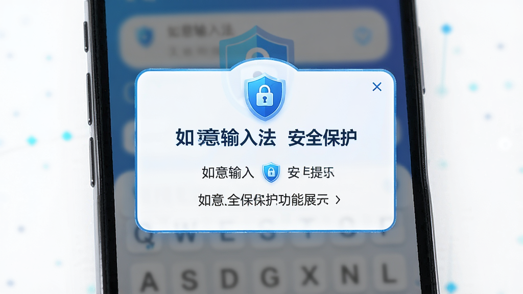 如意输入法隐私安全保护功能展示,主体为手机屏幕显示安全输入提示,布局为居中弹窗样式,风格为科技蓝安全风,细节包含盾牌图标、加密锁标识、安全提示文字,画质高清干净,无多余元素,画面中文字为“如意输入法 安全保护”