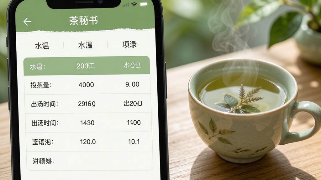 茶秘书软件冲泡记录页面截图风格,屏幕上显示水温、投茶量、出汤时间等参数表格,旁边有一杯刚泡好的茶,整体色调清新自然,排版整齐,画质细腻,软件名称茶秘书清晰可见,无杂乱元素