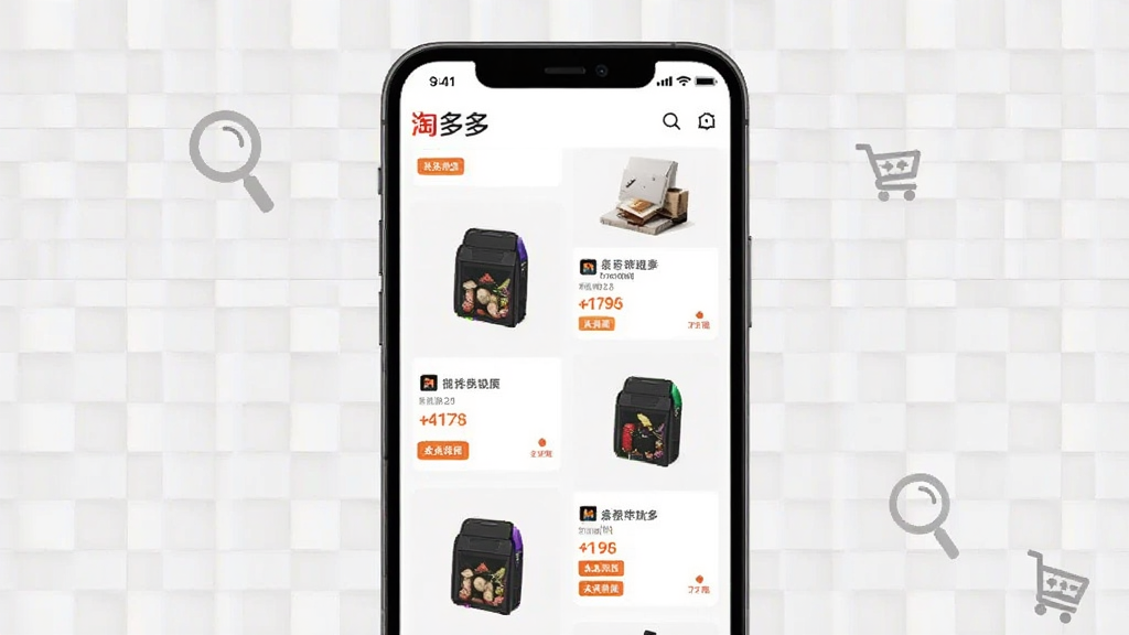 画面主体为“淘多多”应用中的商品聚合页面,布局采用瀑布流卡片式设计,每张卡片展示商品图、名称、价格与优惠标签;画面中央为手机屏幕特写,背景为浅灰色网格纹理,点缀放大镜与购物车图标;风格为清新简约的电商界面展示,细节锐利,画质干净,无多余元素。
