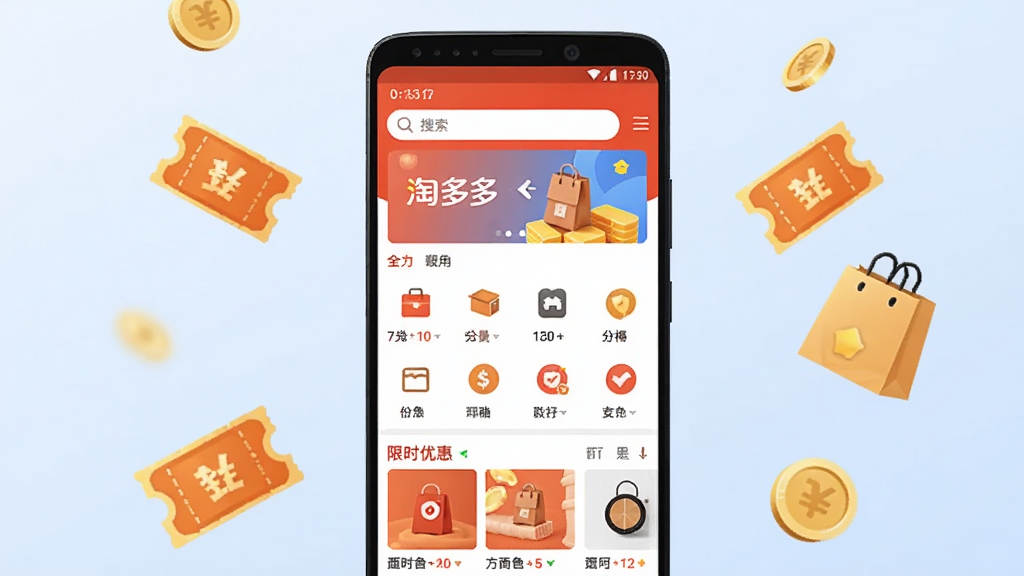 画面主体为一部安卓手机,屏幕中显示“淘多多”应用首页界面,布局上方为搜索栏与轮播横幅,中部为商品分类图标网格,下方为限时优惠商品列表;手机置于画面中央,背景为柔和浅蓝色渐变,周围漂浮金币、优惠券、购物袋等元素;风格为现代扁平化UI展示风,细节清晰,画质干净,无多余元素。