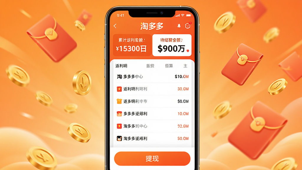 画面主体为“淘多多”返利中心界面,布局上方显示累计返利金额与待结算金额,中部为返利明细列表,下方为提现按钮;手机屏幕居中,背景为暖橙色渐变,飘浮红包与金币元素;风格为温馨促销风,细节清晰,画质干净,无多余元素。