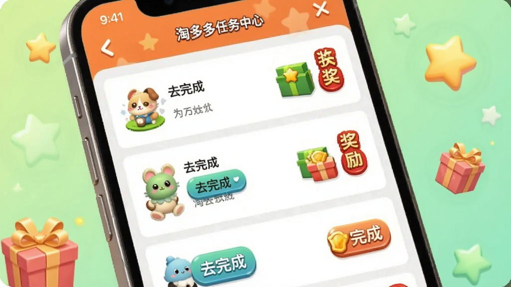 画面主体为“淘多多”任务中心页面,布局为任务列表形式,每项任务旁带有“去完成”按钮与奖励图标;手机屏幕特写,背景为浅绿色渐变,点缀星星与礼盒元素;风格为活泼游戏化界面,细节清楚,画质干净,无多余元素。