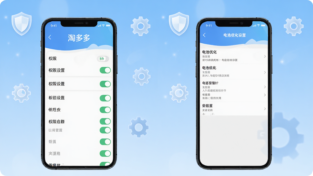 画面主体为“淘多多”应用在手机上的权限设置界面与后台管理界面并排展示,布局左侧为权限开关列表,右侧为电池优化设置页;手机屏幕清晰,背景为浅蓝色渐变,点缀盾牌与齿轮图标;风格为实用教程类截图示意,细节清楚,画质干净,无多余元素。
