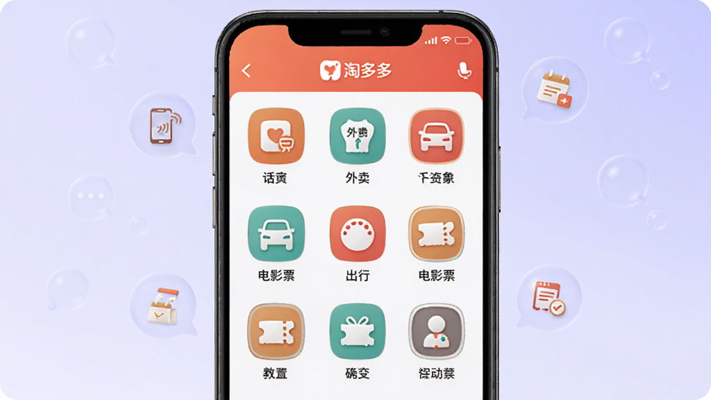画面主体为“淘多多”生活服务页面,布局为九宫格图标排列,包含话费充值、外卖、出行、电影票等图标;手机屏幕居中,背景为浅紫色渐变,点缀小图标气泡;风格为简洁工具类界面,细节清晰,画质干净,无多余元素。