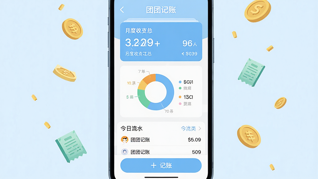 手机屏幕中央展示团团记账应用主界面,上方为月度收支汇总卡片,中部有环形分类图表和今日流水列表,底部是加号记账按钮,整体采用浅蓝与白色配色,界面干净清爽,周围散落金币与账单小图标,扁平化UI风格,文字清晰标注