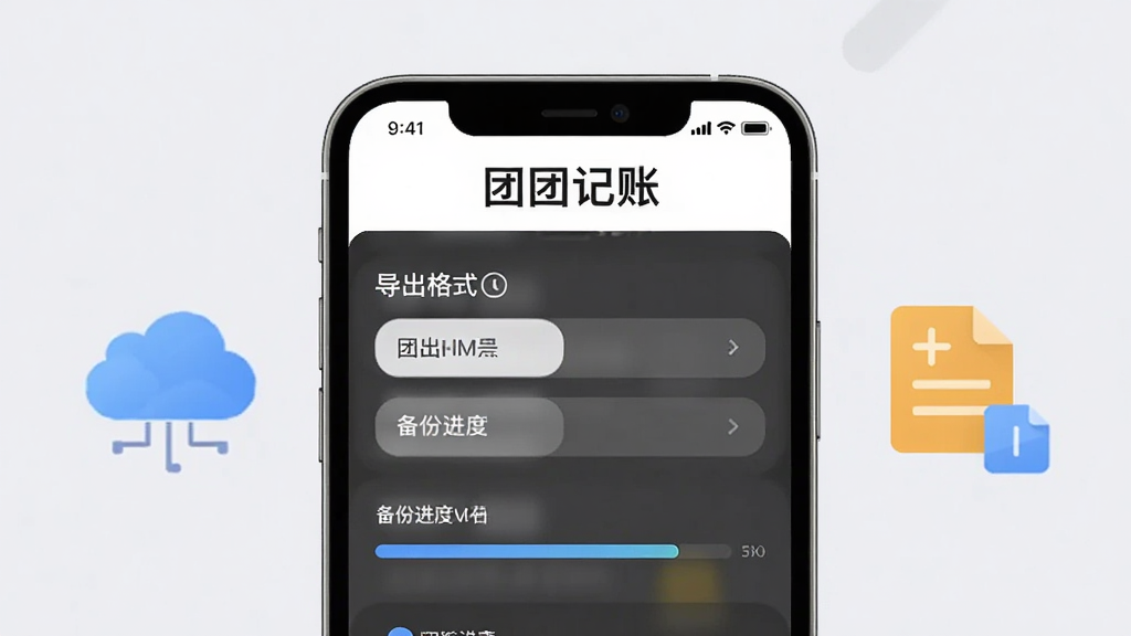 团团记账数据导出界面示意图,手机屏幕显示导出格式选项和备份进度,旁边有云朵和表格文件图标,背景为淡灰色,风格简约商务,文字清晰标注