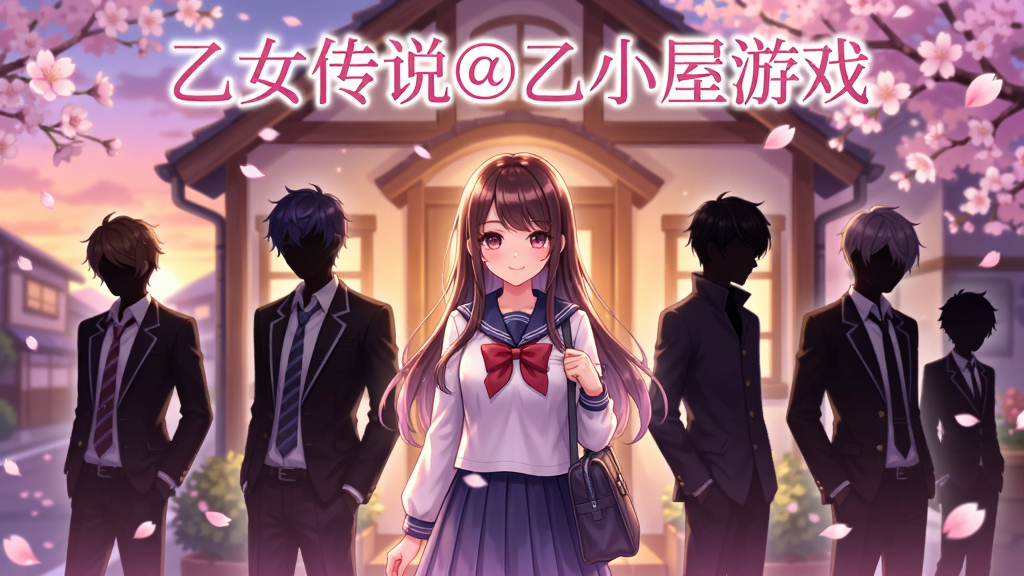 画面中央是一位身着日系校园制服的少女站在温馨小屋门前,周围环绕着数位风格各异的男性角色剪影,背景是樱花飘落的黄昏街道。布局采用居中对称构图,上方留白处用粉色艺术字体书写“乙女传说@乙小屋游戏”字样。整体风格为日系乙女向恋爱游戏宣传图,色彩以粉色、浅紫、暖黄为主调,细节包括花瓣飘落、柔光滤镜、角色服饰褶皱与发丝高光。画质高清,画面干净,无多余元素。
