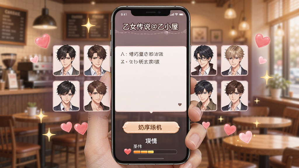 一位女性玩家手持手机,屏幕上显示乙女传说@乙小屋游戏的剧情选择界面,画面中多位男性角色头像排列在对话框两侧,背景是温馨的咖啡厅场景。布局为手机特写居中,周围点缀爱心与星光特效。风格为日系恋爱游戏UI展示图,细节包括角色表情差分、选项按钮高亮、好感度进度条。画质清晰,画面干净,无多余元素。